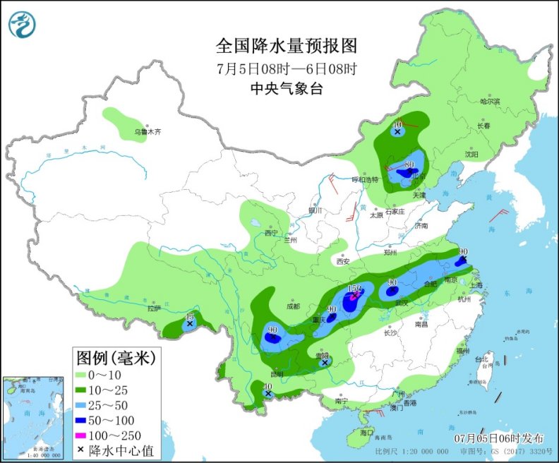 西南地区东部江汉沿淮等地有较强降水 华北和东北地区等地多雷阵雨天气